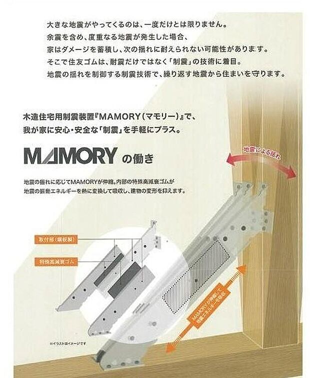 【木造住宅用制震装置『MAMORY(マモリー)』】「震度7」の地震に3回も耐える事のできる強靭な制震ダンパーを使用しており、もしもの際でも心強いです。