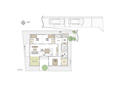 それぞれの居室がぐるりと囲む家族憩いのLDK18帖。リビングには吹き抜けを設け開放的。洋室Bと洋室Cは間取りの変化ができる２ドア１ルーム。ウォークインクローゼットや床下など充実の収納力。 