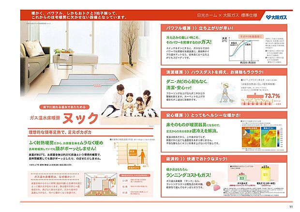 【ガス温水式床暖房【ヌック】】LDKには温水の床暖房完備♪輻射熱で足元から部屋中を暖める効果があります。空気を汚さずお部屋もクリーンに保てます♪
床暖房は、風をおこさない輻射暖房だから、肌に風があたる不快感がないだけでなく、お部屋のホコリも巻き上げません。
温水の床暖房だから、輻射熱暖房でお部屋全体をムラなく暖め長時間暖房しても室内空気を汚さず頭がボーッとしません