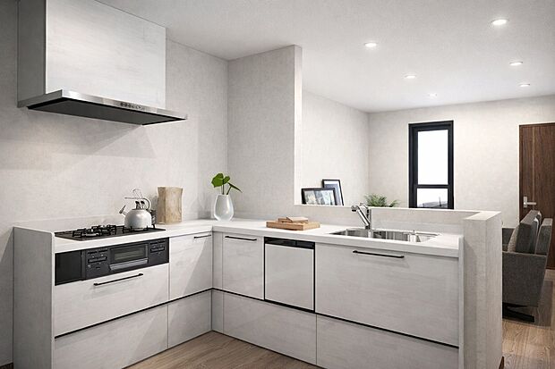 【キッチン【イメージパース】】収納力アリ！食洗器付きのシステムキッチンです！3つ口コンロ＆グリルもついているので、汁物、焼き物など同時に作業できて家事がはかどりますね！ママも大助かり！