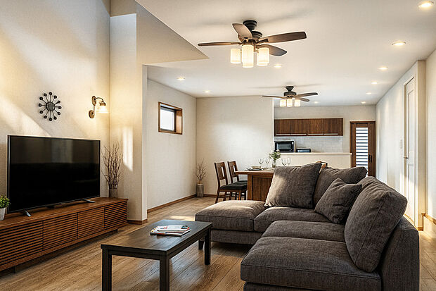 【【イメージパース(リビング)】】■20帖超の広々リビングは、家族が自然と集まる開放的な空間。ゆとりある広さでくつろぎも来客対応も快適にこなせます。家具配置もしやすく、家族それぞれが思い思いに過ごせるゆとりの空間に。