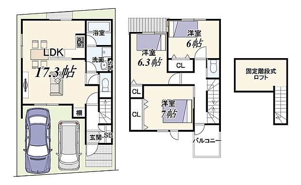 建物プラン例：建物価格1800万円、3LDK、土地面積（実測）75.34m2、建物面積94.50m2（自動車車庫面積7.64ｍ2は建物面積に含む）