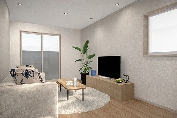 【【リビング完成イメージパース】】バルコニーに面しているため、日当たり＆風通しの良いリビングです。※イメージパース図のため、実際の色味や材質とは異なる場合がございます
