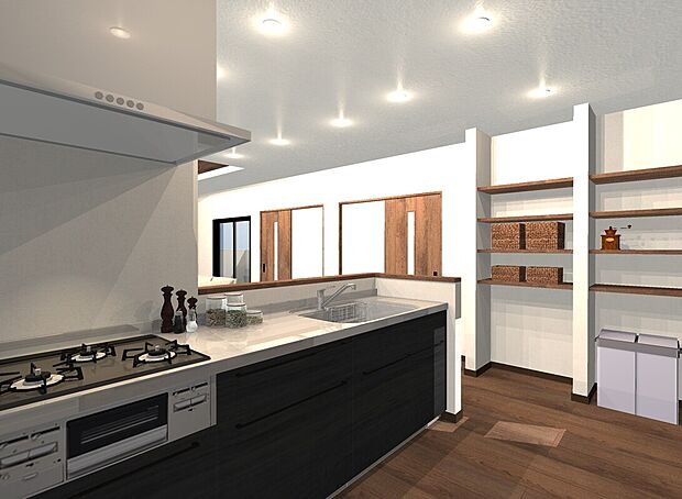 【【イメージパース:キッチン】】リビングを見渡すことができる対面キッチンは、家事をしていても家族の様子が見えて安心感があります。ワイドなスペースなので2人並んで一緒にお料理もできちゃいます!