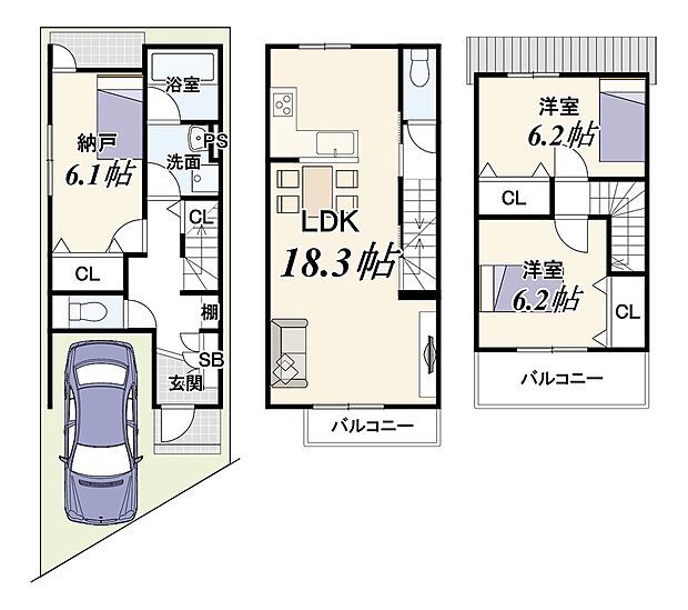 【2SLDK】準防火地域の準耐火建築物のため、建ぺい率70％を使用/自動車車庫面積6.56m2は建物面積に含む