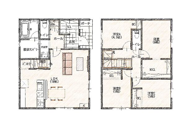18帖のLDKは家族が自然と集まる広々空間。水回り動線や収納も考えられた快適な間取りです。