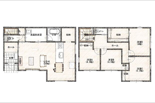 南向きLDKが中心の家族に優しい間取り。全居室収納付きで、子どもの荷物が増えても安心な住まいです。