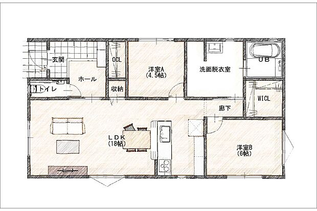 18帖LDKを中心にした平屋設計。洗濯や収納がスムーズに行え、子育て世帯にもやさしい間取りです。