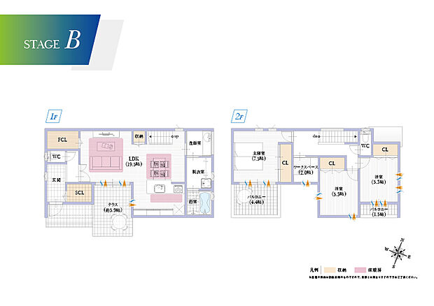 【【箕面小野原東III・B号地／建物プラン例】】リビングに隣接したテラスは暮らしにゆとりが生まれる自慢の場所に。２階にはワークスペースも設けて仕事や趣味の時間に没頭できますね。
建物面積：107.85m2