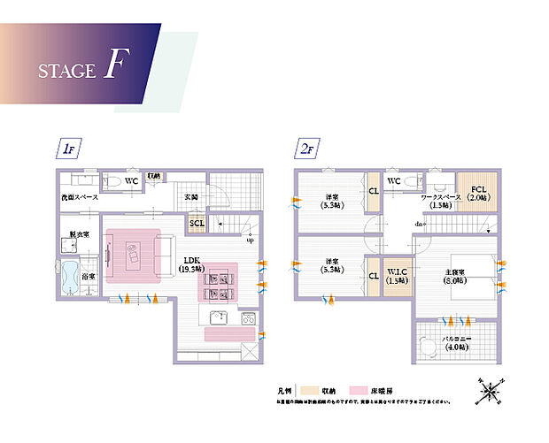 【【Ｆ号地／建物プラン例】】ＬＤＫを通らず洗面、脱衣室、浴室へ直行できる帰宅動線が◎外からの汚れを生活空間に持ち込まないのでキレイが続きます。
建物面積：103.50m2