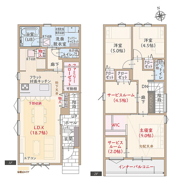 T-2/南向き、太陽光発電パネル搭載、耐震等級3、断熱等級5、ZEH仕様、第一種換気&全熱交換換気、フラット対面キッチン付LDK広々18.7帖、サービスルーム&WIC付主寝室広々9.0帖、FCL