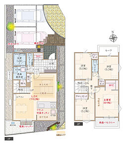 太陽光発電パネル搭載、ZEH仕様、断熱等級5、フラット対面キッチン付LDK広々19.0帖、WIC付主寝室広々8.9帖、第一種換気&amp;全熱交換換気、シューズクローク、鏡面タイルの玄関＆ホール、インナーバルコニー 