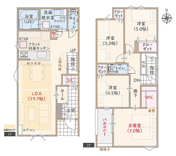 【4LDK】太陽光発電パネル搭載、南向き、断熱等級5、ZEH仕様、第一種換気&全熱交換換気、フラット対面キッチン付LDK広々19.7帖、優れた家事動線、ウォークインクローゼット付主寝室7.0帖、シューズクローク、収納充実