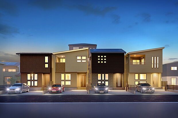 【外観完成予想図】T-1、T-2（申し込み）、T-3、T-4／夜間外観 完成予想図