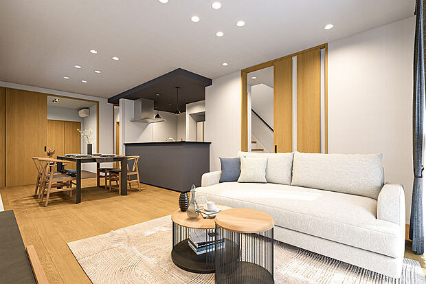 【リビングダイニング完成予想図】T-3/5.3帖の和室が続間になったLDKは併せると24.8帖もの大空間に!ソファで寛ぐリラックスタイムや、和室で過ごす穏やかな時間が1つの空間で叶い、家族みんながそれぞれの場所で気ままに過ごせます。