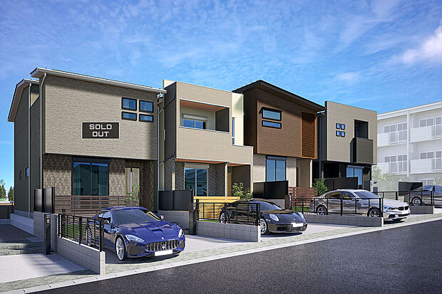 【外観完成予想図】T-5、T-6、T-7／第1期は2026年1月完成予定！新年度までにご入居できるので、新しいおうちで新生活がスタートできます。