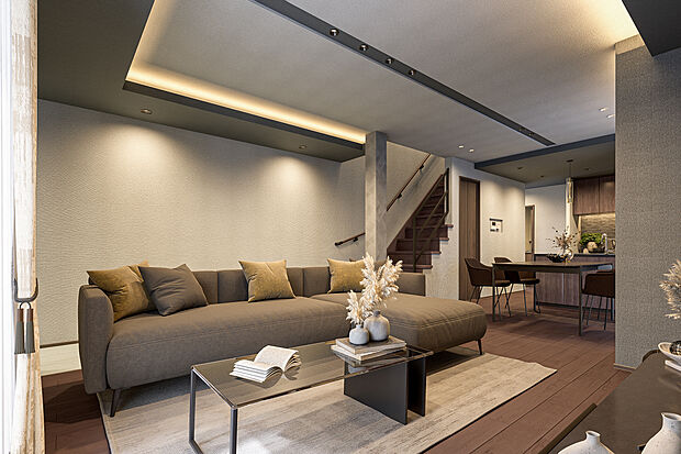 【リビングダイニング完成予想図】T-1/間接照明は直線的なデザインで、柔らかな灯りとシャープな印象をもたらします。趣の異なる照明を取り入れることでメリハリが生まれ、空間を表情豊かに彩ります。