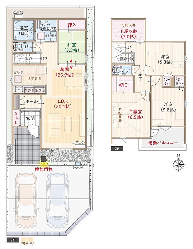 【4LDK】太陽光発電パネル搭載、東南角地、ZEH仕様、耐震等級3、断熱等級5、第一種換気&全熱交換換気、LDK続間23.9帖、大型ウォークインクローゼット付主寝室広々8.5帖、下屋収納3.0帖、シューズクローク、シューズクローク