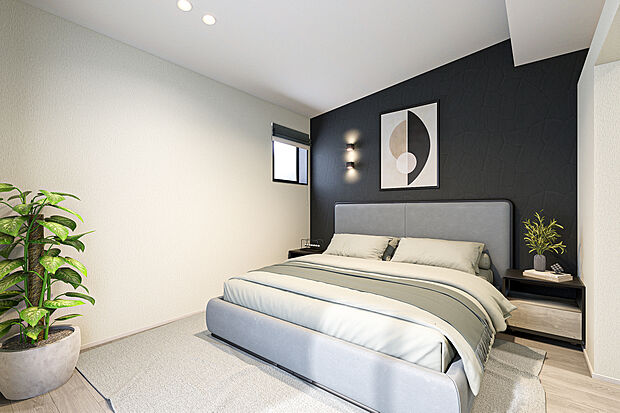 【主寝室完成予想図】T-3/クールな印象で大人の雰囲気が漂う、9.5帖の主寝室。ホテルライクな空間でお休みいただくことで、毎日の暮らしにちょっとだけ”特別感”が感じられます。