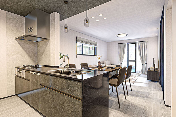 【キッチン完成予想図】T-2/カウンタートップにフィオレストーンを使用した、デザイン性の高いキッチン。お手入れが簡単で美しさも長持ち!食器洗い乾燥機やタッチレス水栓、ガラストップガスコンロなど機能も充実しています。