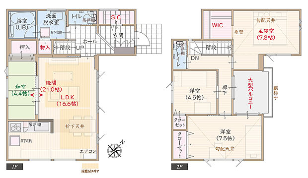 【4LDK】ワイド間口、駐車3台可、太陽光発電パネル搭載、耐震等級3、断熱等級5、ZEH仕様、LDK続間21帖、続間和室、上部勾配天井&大型WIC付主寝室広々7.8帖、大型SIC、大型バルコニー