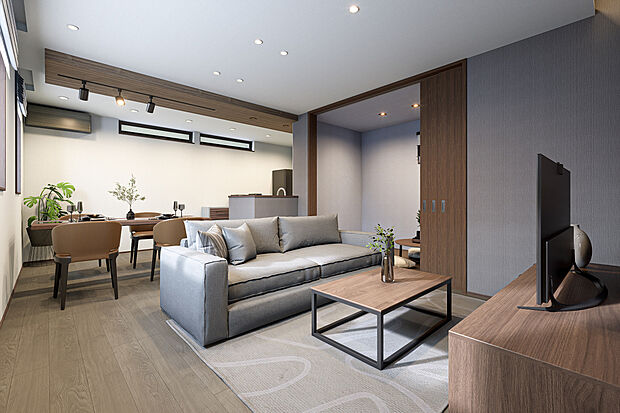 【リビングダイニング完成予想図】T-4/暮らしにプラスαをもたらす続間和室のあるLDKで、思い思いのくつろぎ時間を。扉を閉めれば個室にもなる和室は、ゲストルームとしてはももちろん自分だけの時間を心穏やかに過ごしたい時にも便利です。