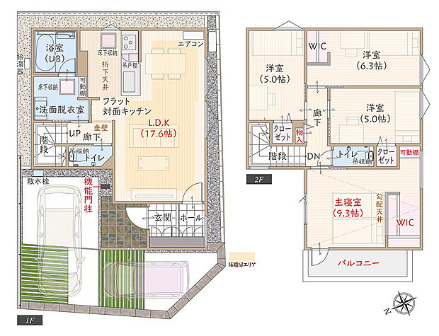【4LDK】太陽光発電パネル搭載、ZEH仕様の家、断熱等級5、第一種換気&全熱交換換気、開放的なフラット対面キッチン付LDK広々17.6帖、ウォークインクローゼット付主寝室広々9.3帖、優れた家事動線、収納充実、駐車2台可、南西角地