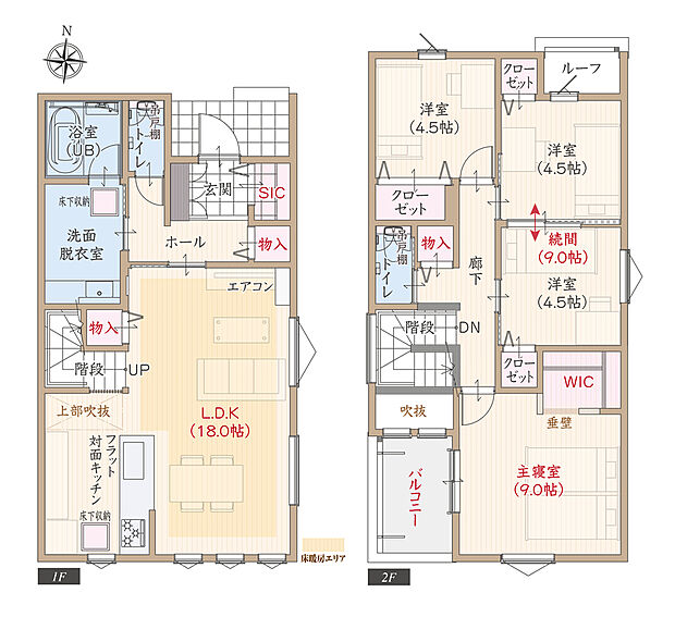 【4LDK】太陽光発電パネル搭載、耐震等級3、断熱等級5、ZEH仕様、第一種換気&全熱交換換気、フラット対面キッチン付LDK広々18.0帖、WIC付主寝室広々9.0帖、洋室続間9.0帖、シューズクローク