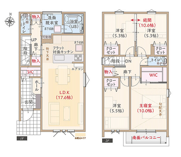 【4LDK+SIC+WIC】南向き、太陽光発電パネル搭載、耐震等級3、断熱等級5、ZEH仕様の家、第一種換気&全熱交換換気、フラット対面キッチン付LDK広々17.6帖、WIC付主寝室広々10帖、洋室続間10.6帖、南面バルコニー
