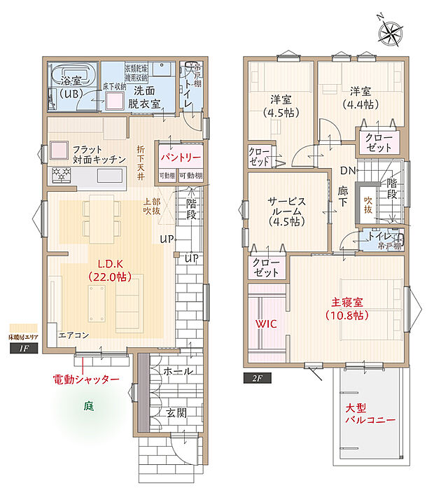 【3LDK+サービスルーム+パントリー+WIC】太陽光発電パネル搭載、南向き、耐震等級3、断熱等級5、第一種換気&全熱交換換気、ZEH仕様の家、開放的なフラット対面キッチン付LDK広々22.0帖、大型WIC付主寝室広々10.8帖、大型バルコニー