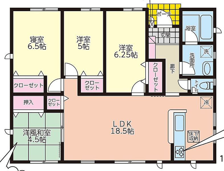 １号棟：ワンフロアで生活動線がコンパクトになり暮らしやすい間取り♪洋室は６帖以上で広々空間です♪