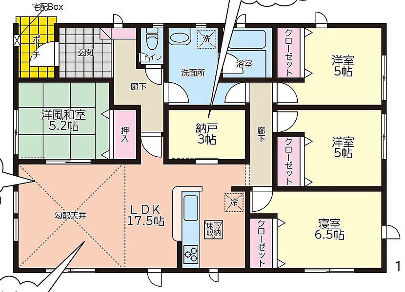 ２号棟：ワンフロアで生活動線がコンパクトになり暮らしやすい間取り♪洋室は５帖以上で広々空間です♪