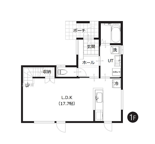 【1階間取図】
ご家族で集まるLDKは約17帖超の広さがあります。対面キッチンやリビング階段を採用し、ご家族とのコミュニケーションが取りやすいですね。