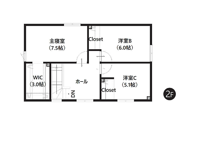 【2階間取図】
WICを含む全居室収納付きでお部屋がスッキリ片付きます。お荷物の多いファミリーにもおすすめです。