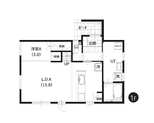 【1階間取図】
LDKは約15帖以上、リビングイン階段を採用しており、いつでもご家族の気配を感じられます。