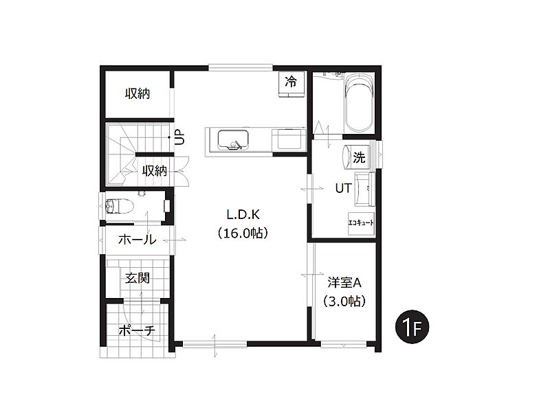 【1階間取図】
LDKは約16帖でゆったりと家族だんらんを楽しめる広さ。対面キッチン、リビング階段を採用し自然とご家族が集まります。