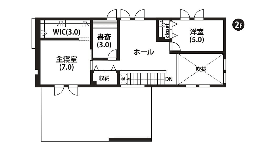 【2階間取図】
多目的に使える約3帖の書斎をはじめ、将来的には個室にも変更可能なフリースペースもある柔軟なレイアウト。