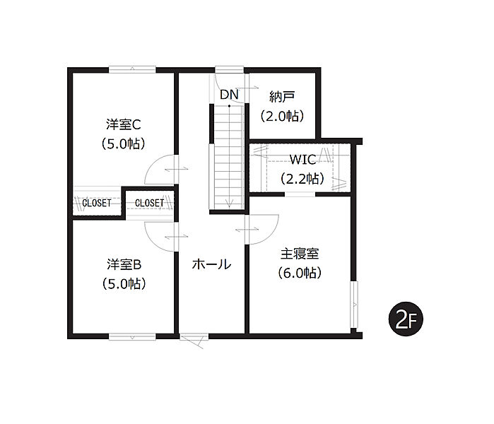 【2階間取図】
全居室開口部があり通風も良好。WICや納戸、SICなど豊富な収納付きで、お荷物の多いファミリーにもおすすめです。