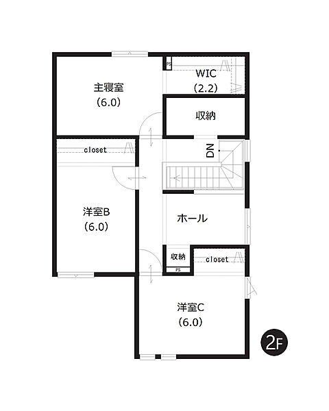 【2階間取図】
WICを含む全居室収納付きで、室内スペースをスッキリお使いいただけます。約3帖のフリースペースは、物干しスペースや書斎スペースにもすることも可能です。