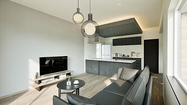 【完成予想図】
ご家族の集まるLDKは広々約17.5帖。ソファなどの家具を置いてもゆったりと寛ぐことができます。