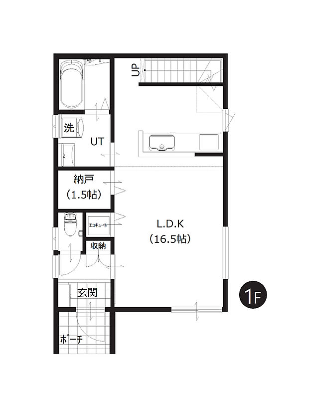 【1階間取図】
LDKはゆったり約16.5帖。会話をしながらお料理ができる対面キッチン、自然とご家族が顔を合わせられるリビング階段を採用しています。
