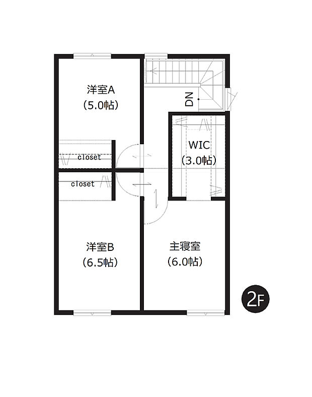 【2階間取図】
2階は洋室が振り分けられており、ご家族のプライベート空間もしっかりと確保。WICを含む全居室収納付きで、室内スッキリ快適です。