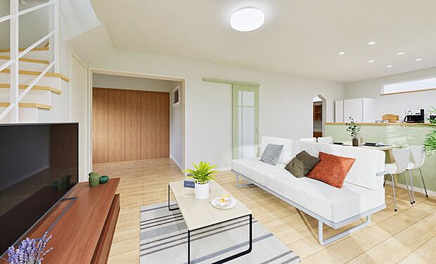 【完成予想図】
ご家族の集まるLDKはゆとりある15帖超え。ナチュラルな内装のため、どんなインテリアもマッチします。