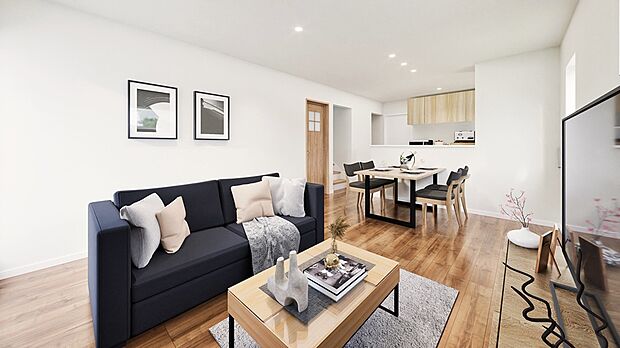 【C棟 完成予想図】
対面キッチンからリビングを一望できる、明るく広々とした17帖のLDK。2階ホールには書斎や趣味の空間として最適なフリースペースを設け、おうち時間をより豊かに彩ります。