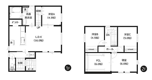 【2号棟 間取図】
約6帖のファミリークローゼットなど豊富な収納が魅力の4LDKです。