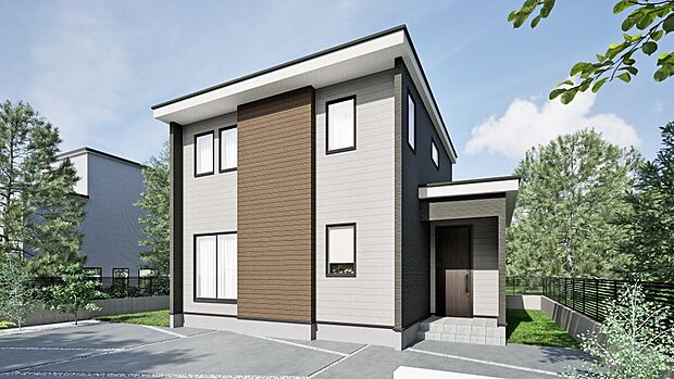 【完成予想図】
快適でゆとりのある暮らしを実現する4LDKが登場。シンプルでおしゃれな外観のお住まいが完成予定です。
