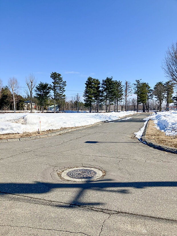 【現地写真】
周辺に高い建物が少ない、閑静な住宅街の一画で販売中の売地。近隣に公園あり、自然豊かでのびのびと暮らせる環境が魅力です。
（2026年3月撮影）