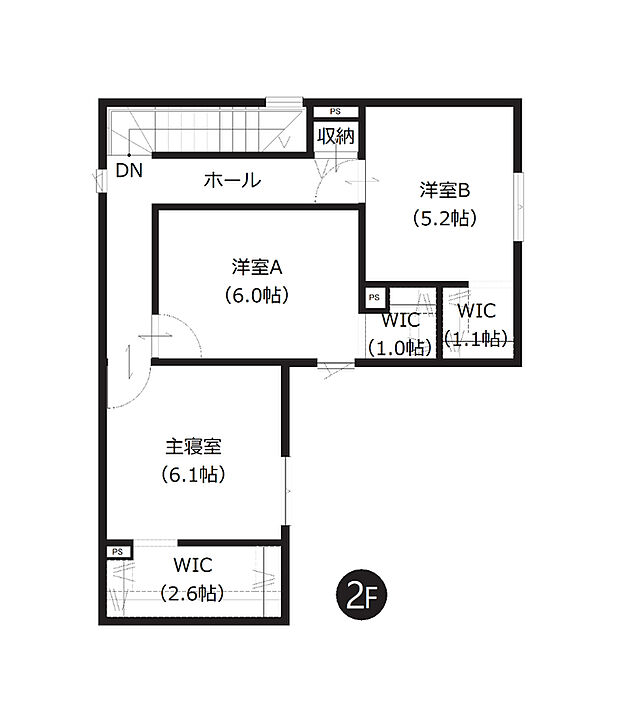 【2階間取図】
WIC×3箇所の収納充実プラン。コンパクトながらも部屋数と収納を確保した間取りとなっております。