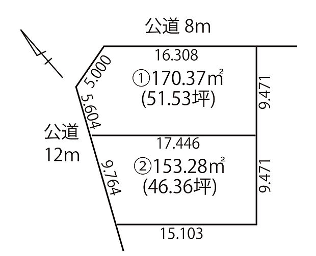 【全体区画図】
角地を含む全2区画の売地。陽当り・通風良好、開放感あふれる立地が魅力です。