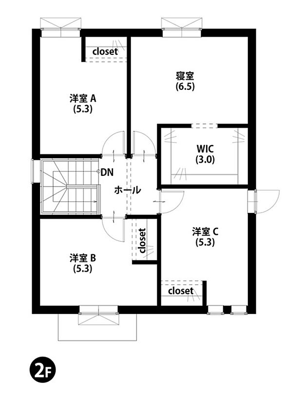 【4LDK】2階に使い勝手の良い4部屋を配置し、プライベート空間を確保。全居室に収納があり、生活空間を広くお使いいただけます。